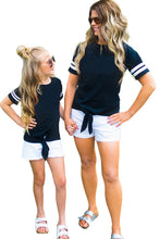 Blue Crew Neck Tie Front Top Mom and Daughter Matching Outfit