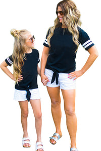 Blue Crew Neck Tie Front Top Mom and Daughter Matching Outfit