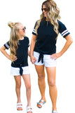 Blue Crew Neck Tie Front Top Mom and Daughter Matching Outfit