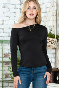 Black Asymmetrical Neckline Long Sleeve Tight Knit Top