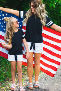 Blue Crew Neck Tie Front Top Mom and Daughter Matching Outfit