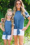 Blue Crew Neck Tie Front Top Mom and Daughter Matching Outfit