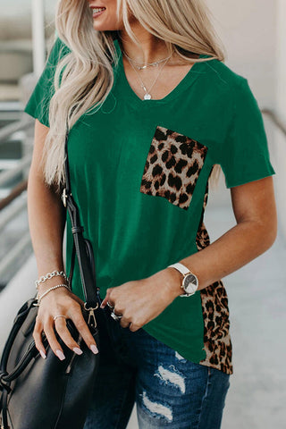 Green Leopard Printed Splicing T-Shirt