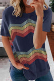 Blue Colorful Wavy Stripes Print Short Sleeve Tee