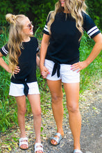 Blue Crew Neck Tie Front Top Mom and Daughter Matching Outfit