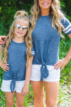Blue Crew Neck Tie Front Top Mom and Daughter Matching Outfit