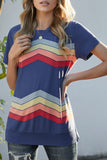 Blue Colorful Wavy Stripes Print Short Sleeve Tee