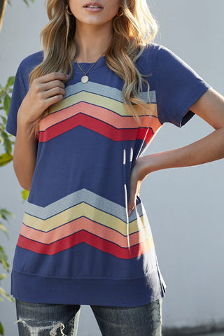 Blue Colorful Wavy Stripes Print Short Sleeve Tee