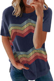 Blue Colorful Wavy Stripes Print Short Sleeve Tee