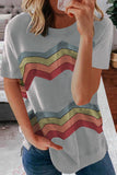 Blue Colorful Wavy Stripes Print Short Sleeve Tee