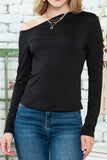 Black Asymmetrical Neckline Long Sleeve Tight Knit Top