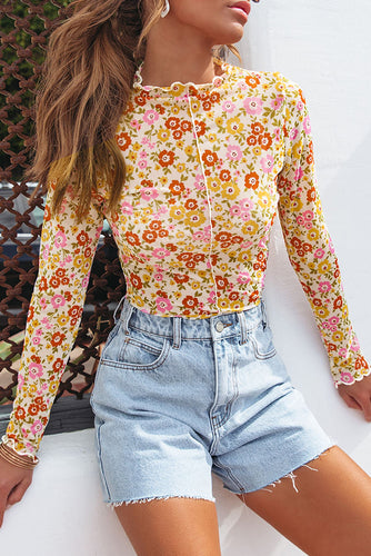 Multicolor Floral Frill Neck Boho Long Sleeve Blouse