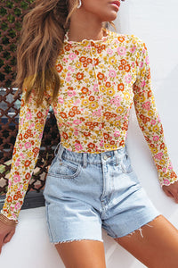 Multicolor Floral Frill Neck Boho Long Sleeve Blouse