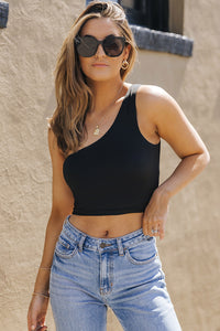 Black Basic One Shoulder Sleeveless Crop Top
