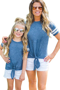 Blue Crew Neck Tie Front Top Mom and Daughter Matching Outfit