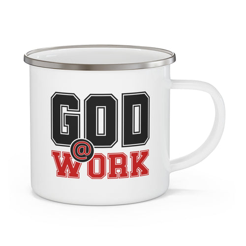 Enamel Camping Mug, God @ Work Black And Red Print-0