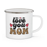 Enamel Camping Mug, Love You Mom Leopard Print Black Illustration-0