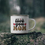 Enamel Camping Mug, Love You Mom Leopard Print Black Illustration-3