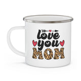 Enamel Camping Mug, Love You Mom Leopard Print Black Illustration-2