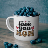 Enamel Camping Mug, Love You Mom Leopard Print Black Illustration-4