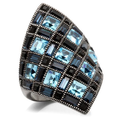 0W235 - Brass Ring Ruthenium Women Top Grade Crystal Sea Blue