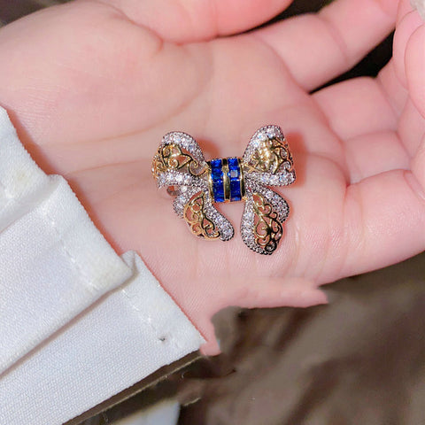 Color: Gold blue ring - Gentle peach blossom drop zircon bow earrings