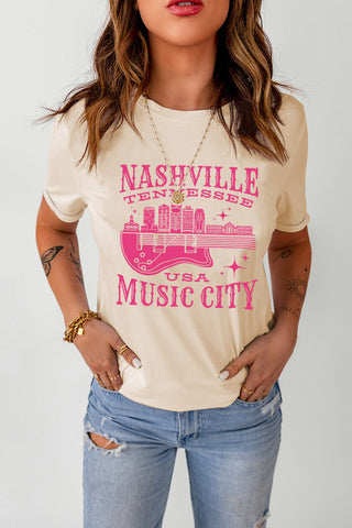 Khaki Nashville Music City Print Casual Graphic Tee