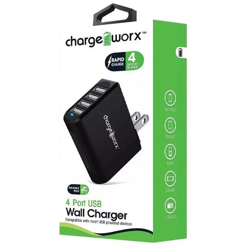 Chargeworx 4 ports USB Rapid Charge Wall Charger, Black (4.2 Amp)