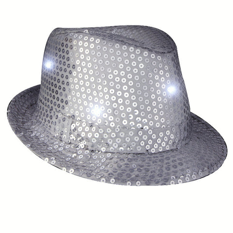 LED Flashing Fedora Hat with Silver Sequins