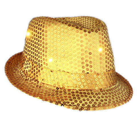 LED Flashing Light Up Fedora Hat with Gold Sequins
