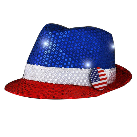 Light Up USA Flashing Fedora Hat with Red White and Blue Sequins