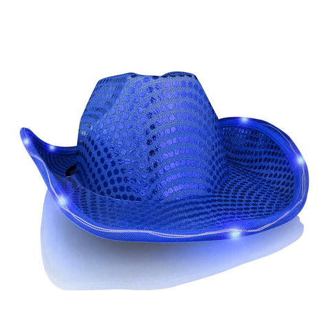 Light Up LED Flashing Cowboy Hat with Blue Sequins