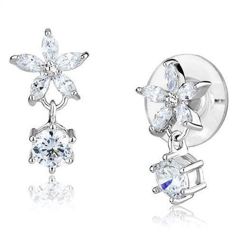 3W1281 - Rhodium Brass Earrings with AAA Grade CZ  in Clear