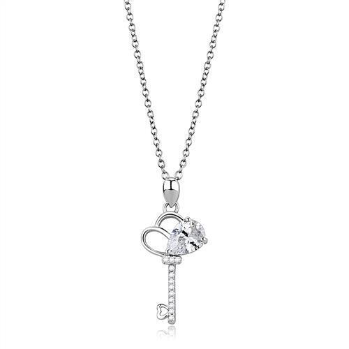 3W1380 - 925 Sterling Silver Chain Pendant Rhodium Women AAA Grade CZ Clear