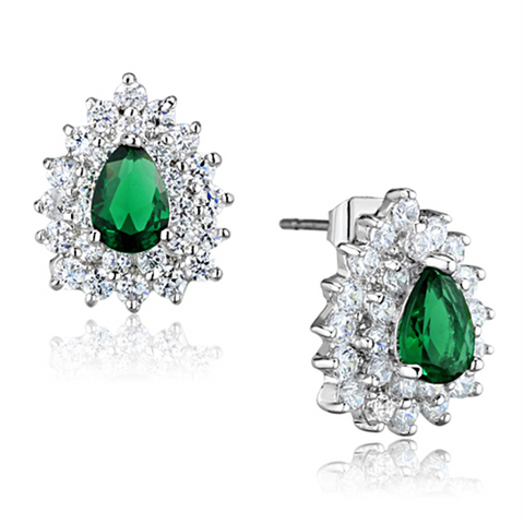 3W656 - Brass Earrings Rhodium Women Synthetic Emerald