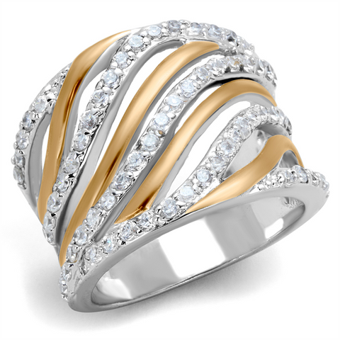 3W857 - Brass Ring Rose Gold + Rhodium Women AAA Grade CZ Clear