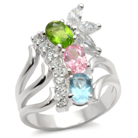 40608 - 925 Sterling Silver Ring High-Polished Women AAA Grade CZ Multi Color