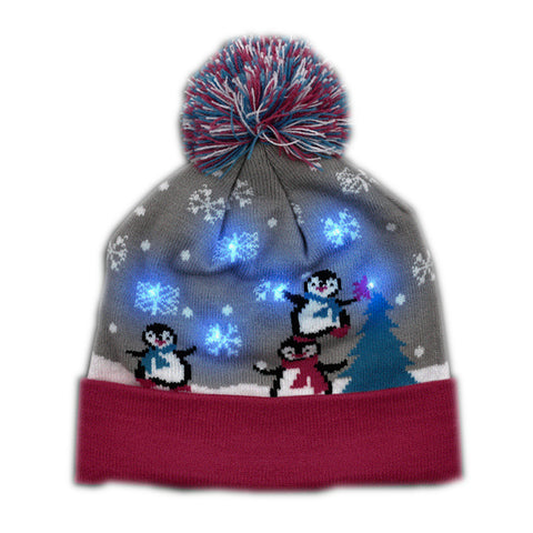 Multicolor LED Snowy Winter Christmas Holiday Penguins Beanie Hat