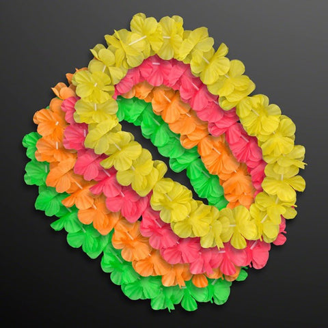 Hawaiian Flower Lei Necklace Assorted Neon Colors Pack of 12