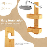 2-Tier Bamboo Hanging Shower Caddy Bathroom Shelf with 2 Hooks-Natural