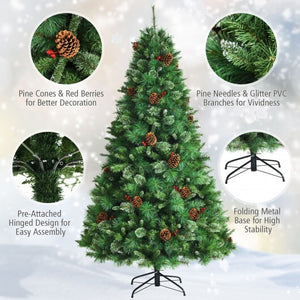 7 Feet Unlit Hinged PVC Artificial Christmas Pine Tree with Red Berries