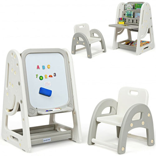 2 in 1 Kids Easel Desk Chair Set Book Rack Adjustable Art Painting Board-Gray