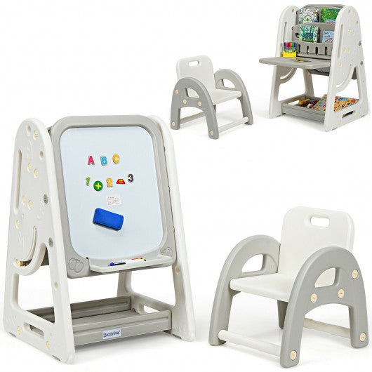 2 in 1 Kids Easel Desk Chair Set Book Rack Adjustable Art Painting Board-Gray