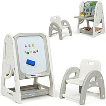 2 in 1 Kids Easel Desk Chair Set Book Rack Adjustable Art Painting Board-Gray