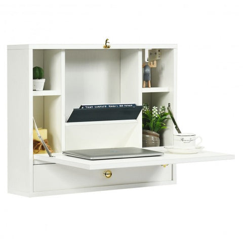 Wall Mounted Folding Laptop Desk Hideaway Storage with Drawer-White