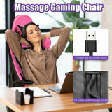 PU Leather Gaming Chair with USB Massage Lumbar Pillow and Footrest -Pink