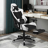 PU Leather Gaming Chair with USB Massage Lumbar Pillow and Footrest-White