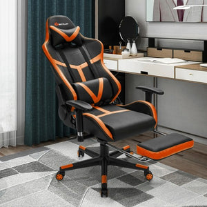 Reclining Racing Chair with Lumbar Support Footrest-Orange