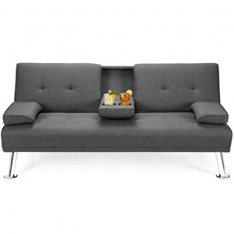 Convertible Folding Futon Sofa Bed Fabric with 2 Cup Holders-Dark Gray