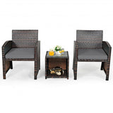3 Pieces PE Rattan Wicker Furniture Set with Cushion Sofa Coffee Table for Garden-Gray